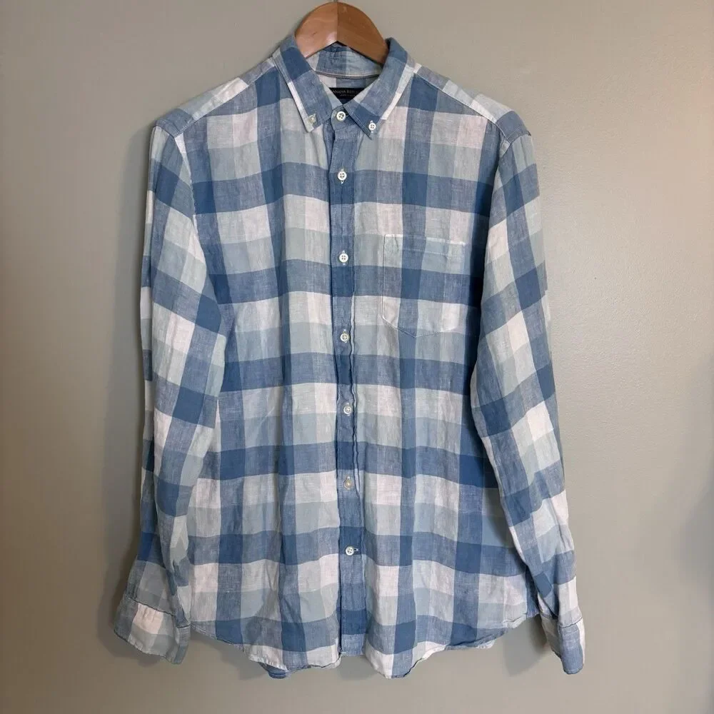 Banana Republic Shirt Camden Mens M 100% Linen Button Down Coastal Buffalo Plaid